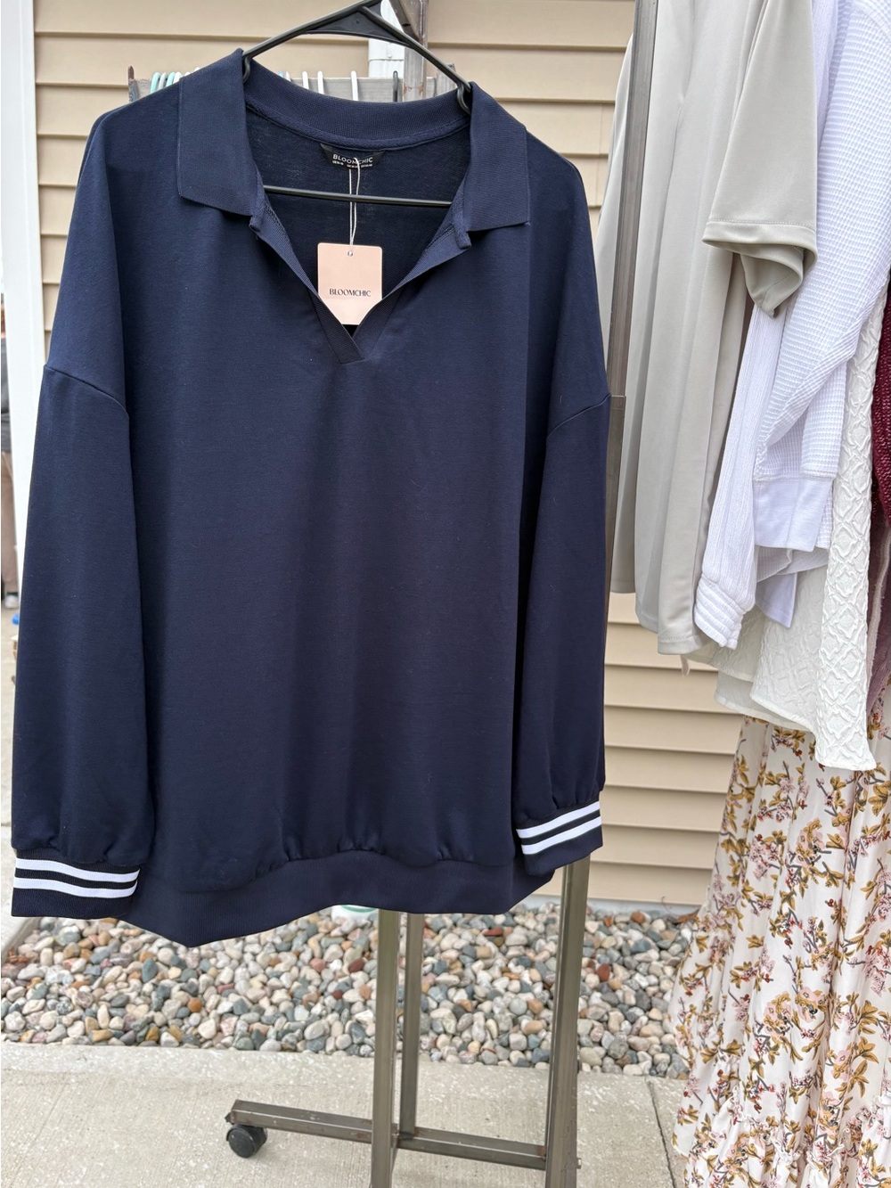 BloomChic Navy Long-Sleeve Crewneck Pullover with Stripe Cuffs